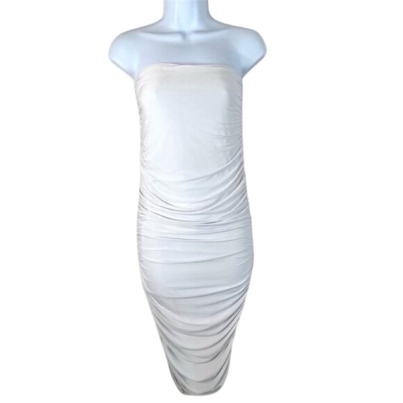 Pretty Little Thing Women's Midi Dress Tube Ruched Side Strapless White Draped - Picture 2 of 12